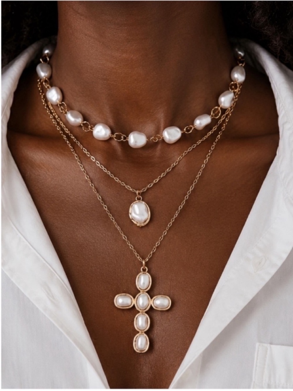 New! Classic Gold Pearl Bead Cross Necklace Stack Set NWOT 5036